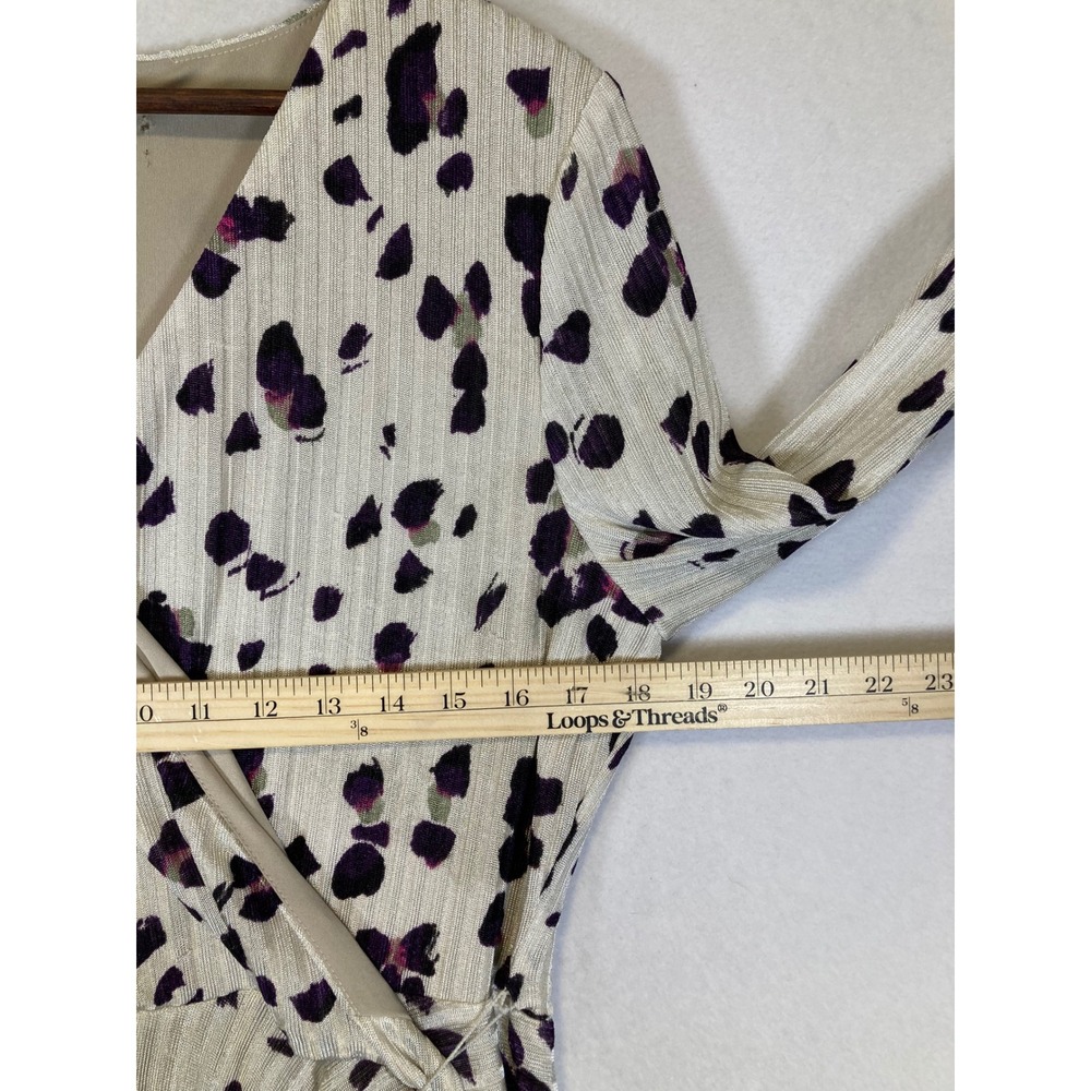 Whimsical Abstract Print Wrap Dress Women Size Small Cream Purple Handkerchief - Picture 6 of 11